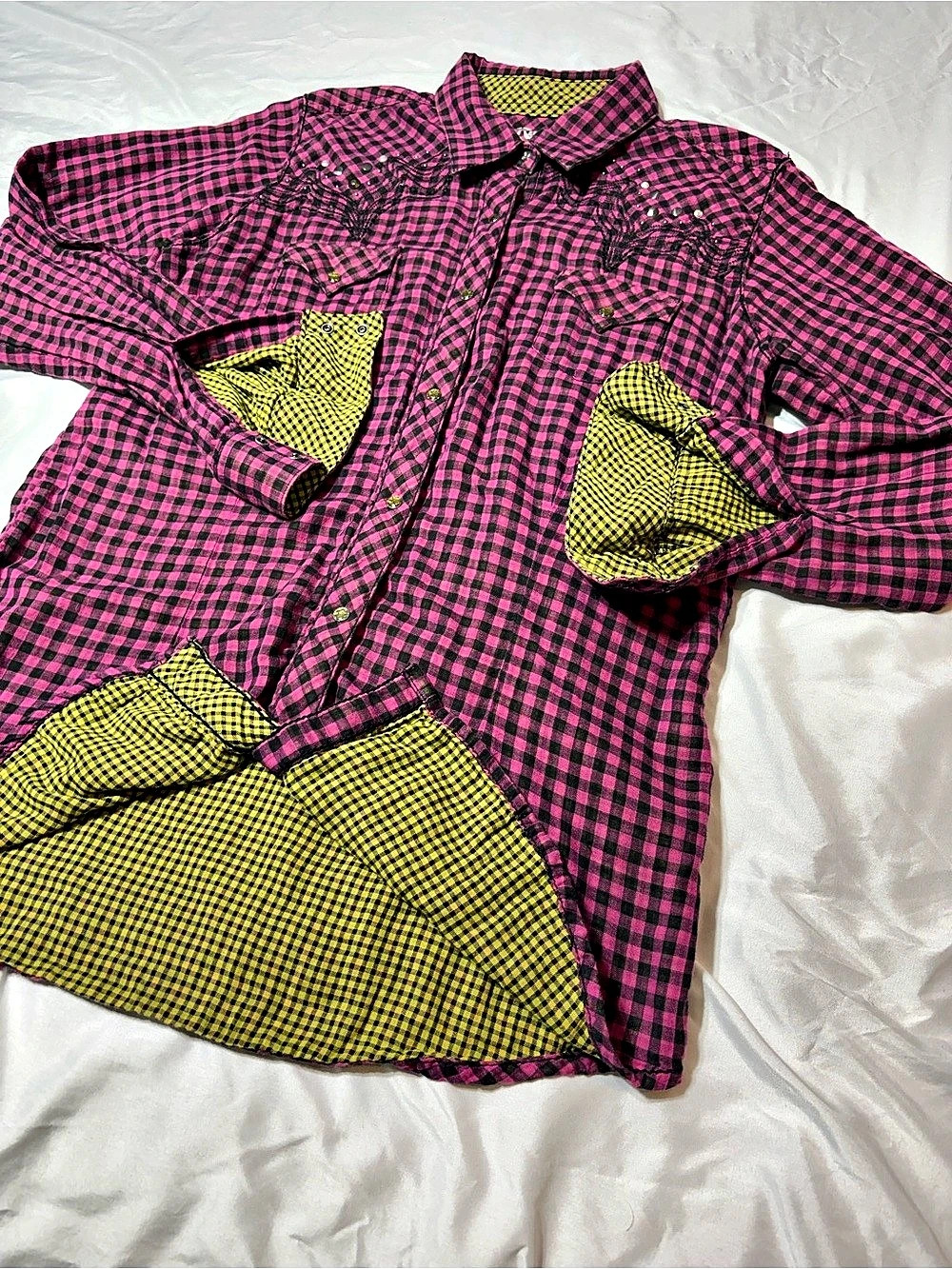 Wrangler Rock 47 Plaid Pearl Snap Embroidered Bedazzled Western Shirt L
